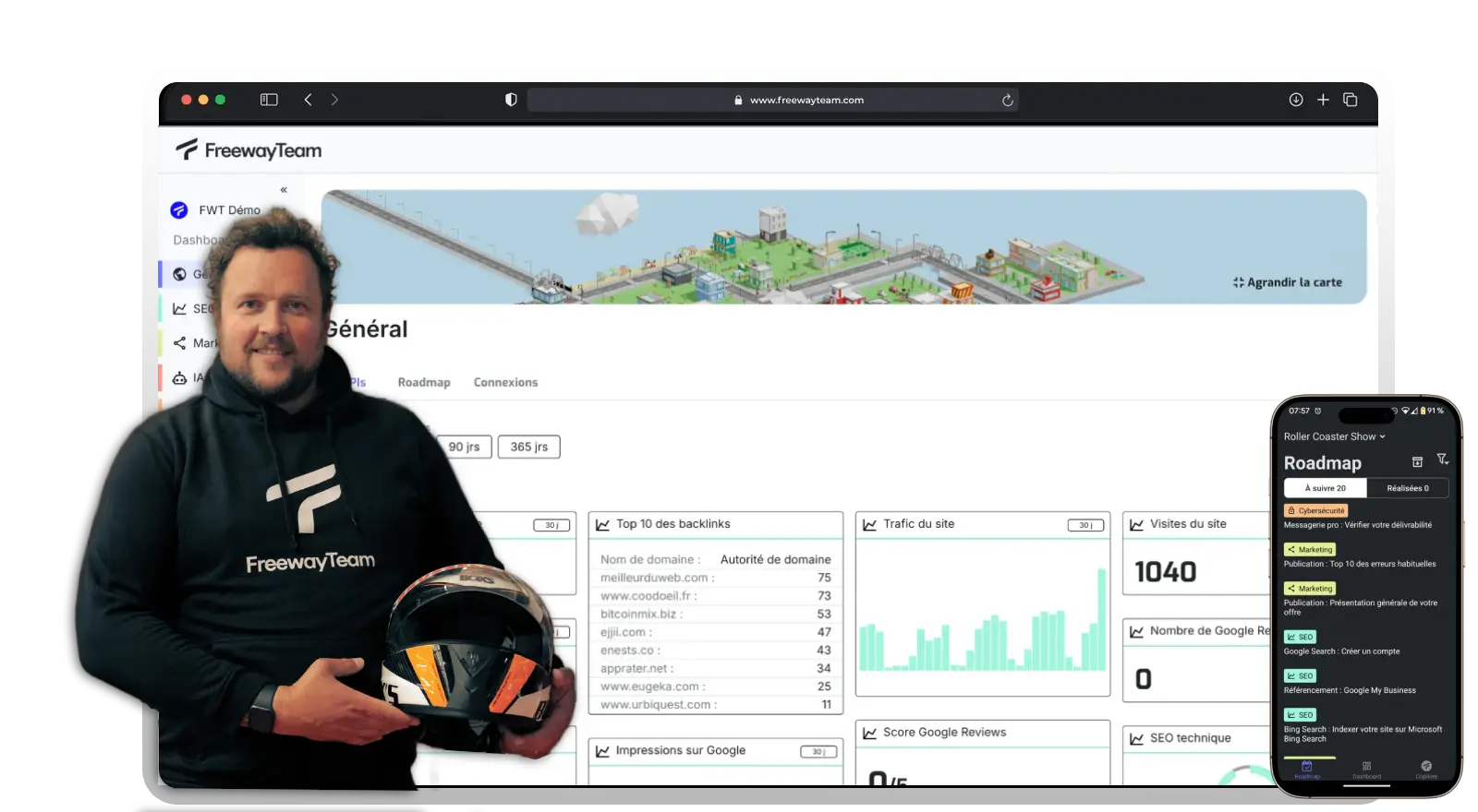 Le coo Freewayteam Thibaut de Saint-Denis, devant le dashboard avec des indicateurs de performances FreewayTeam